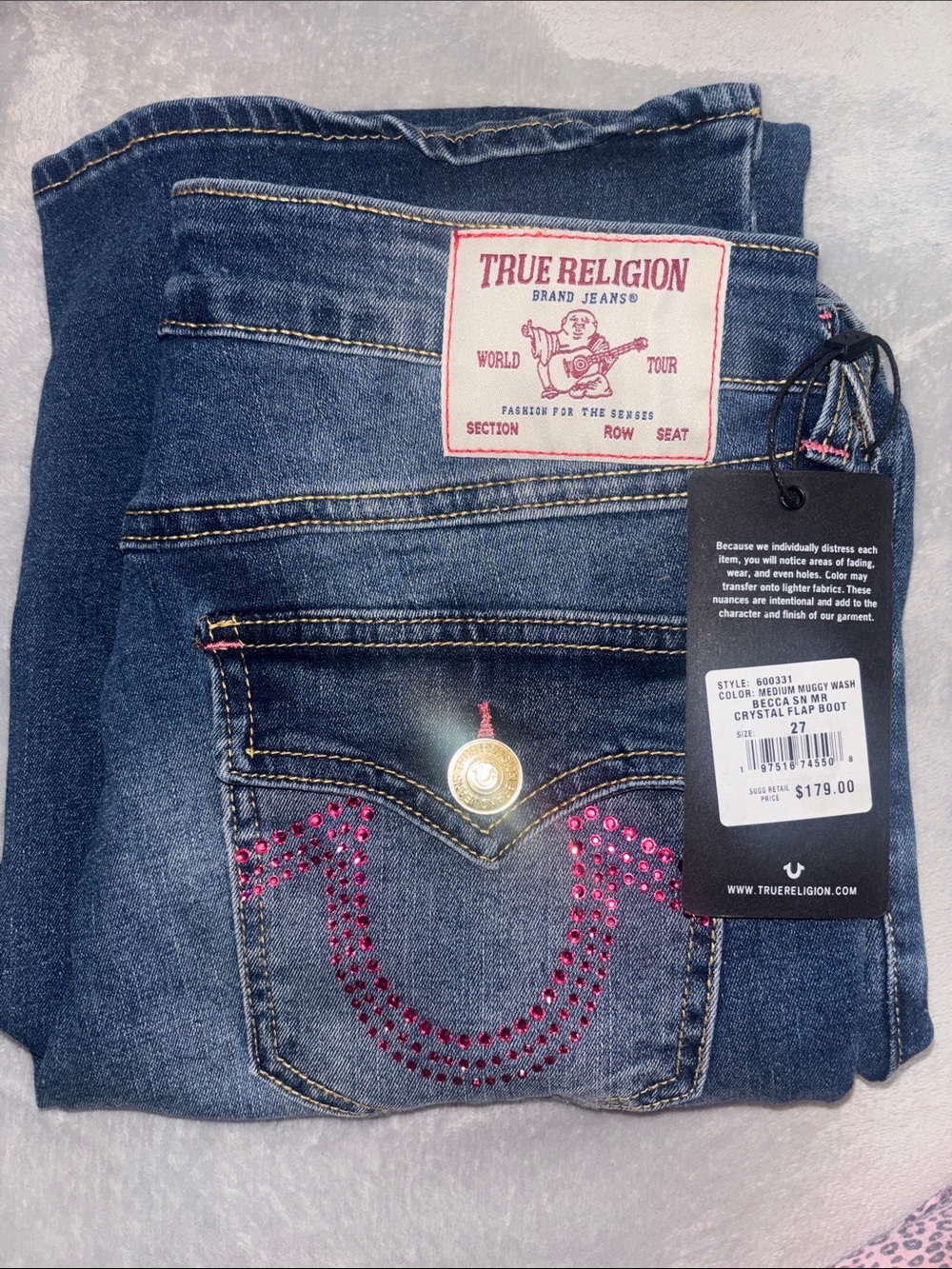 True Religion Women's Dark Blue Bootcut Jeans with Pink Crystal Pocket